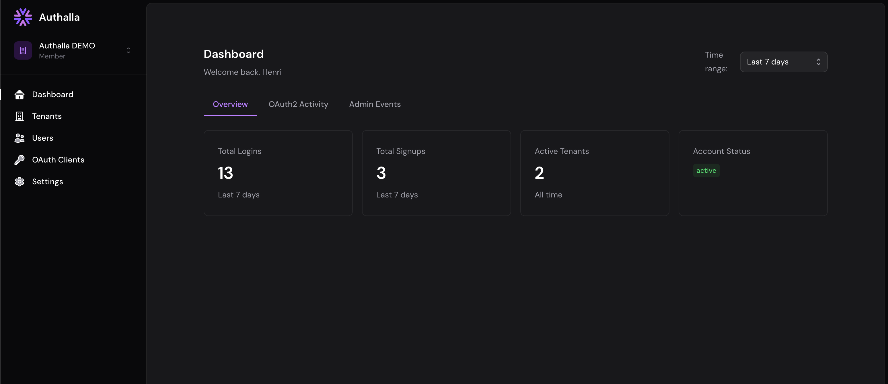 Authalla Dashboard Screenshot