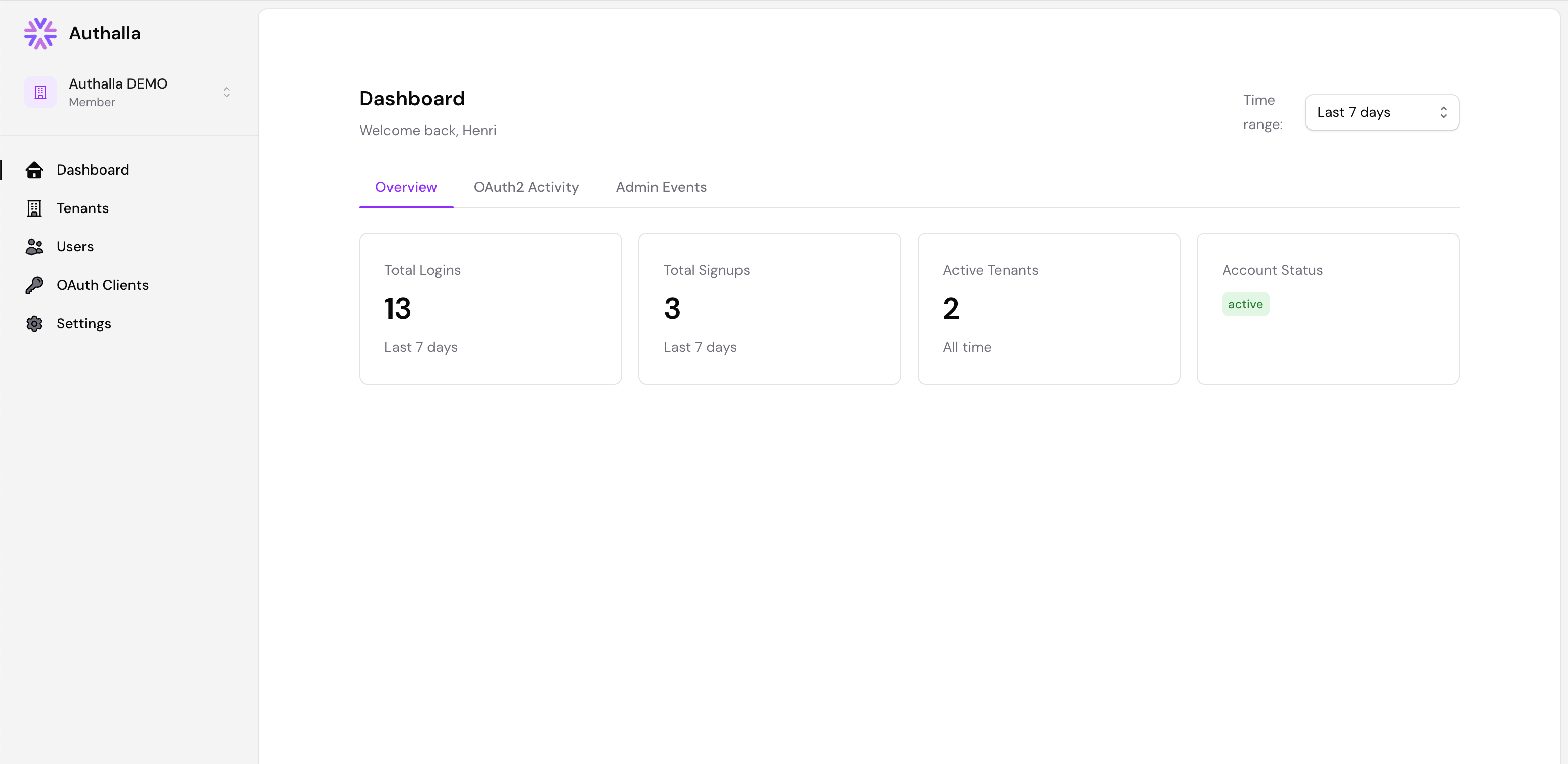 Authalla Dashboard Screenshot