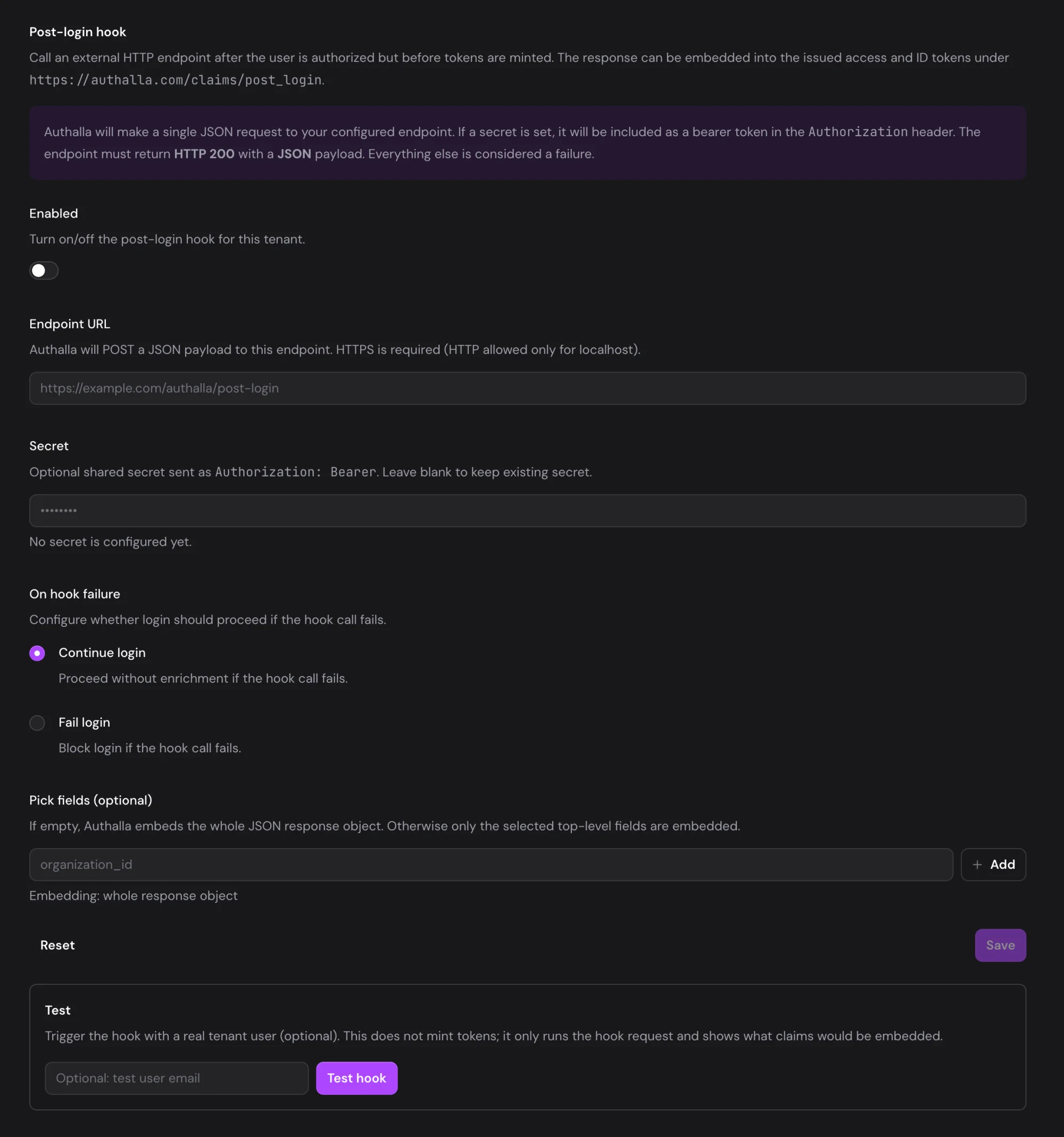Sign-in hook settings in the Authalla dashboard