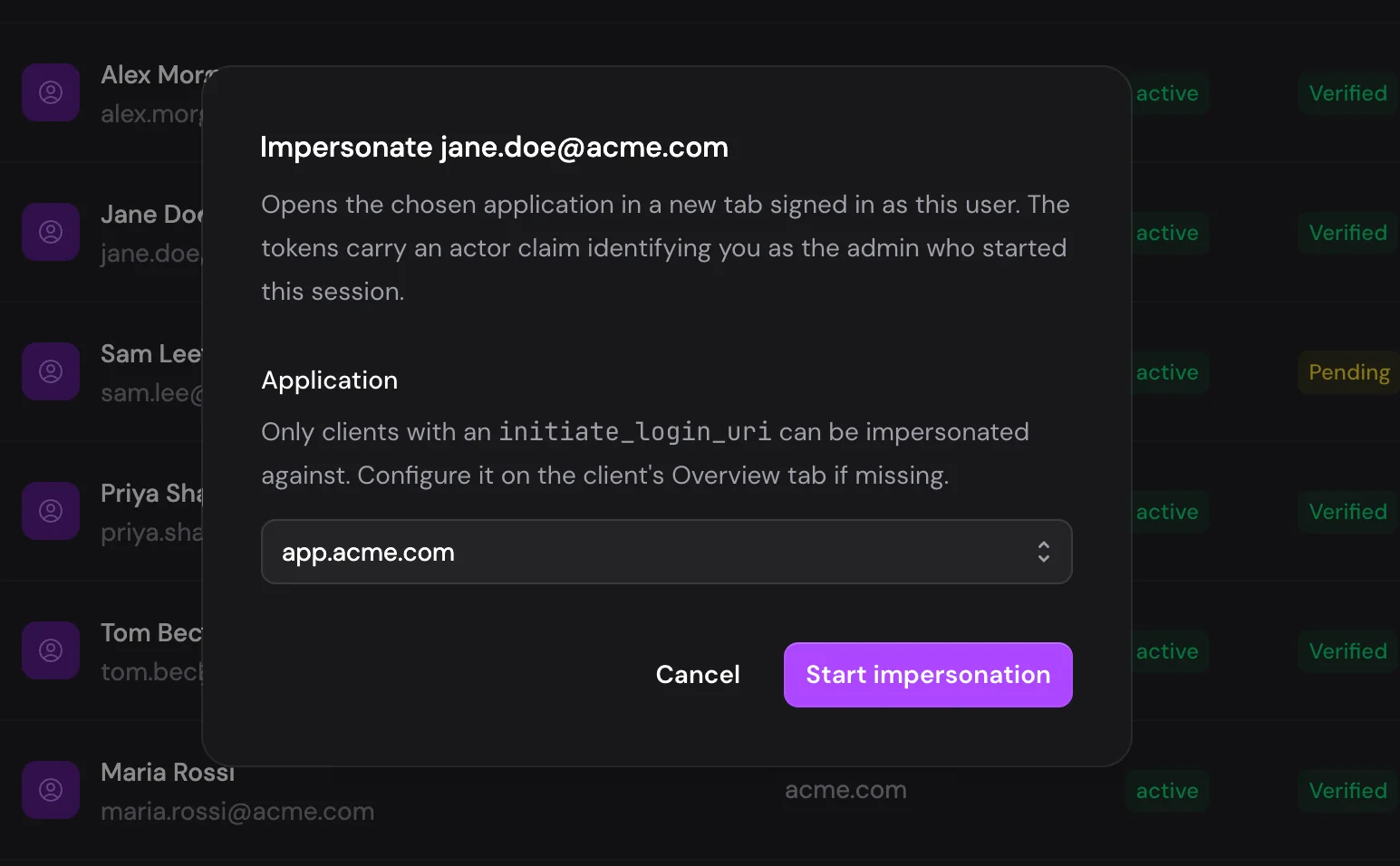 Starting an impersonation from the users list in the Authalla dashboard