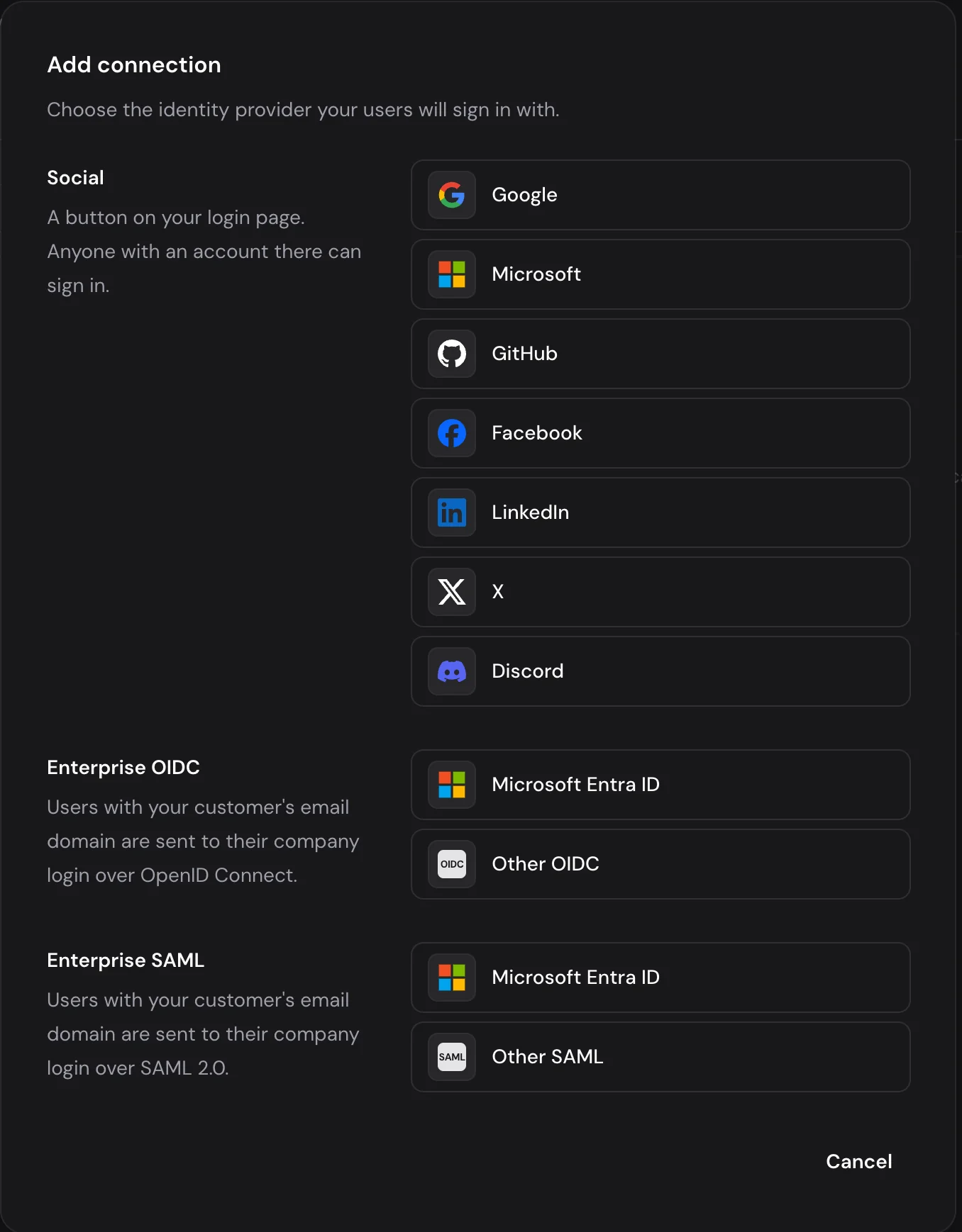 Adding a connection in the Authalla dashboard: seven social providers, and Entra ID or any provider over OIDC or SAML